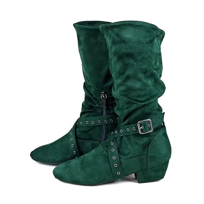 Bottes de danse ethniques pour femmes, ajustement mi-mollet, talon carré, fermeture à lacets, doublure en microfibre, idéales pour salsa, jazz et célébrations folkloriques