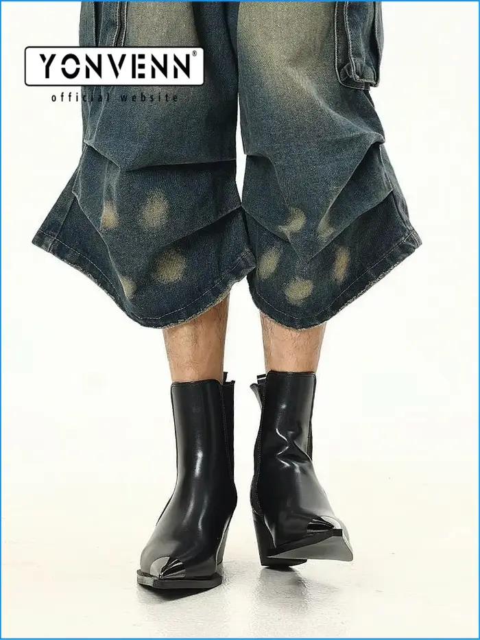 Bottes courtes rétro en cuir à talons épais pour hommes