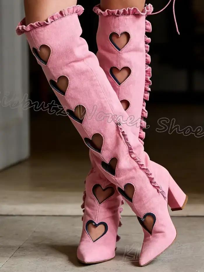 Nouvelles Bottes Sandales Plissées Montantes en Cuir Uni à Talons Carrés et Bout Pointu avec Dentelle Cœur pour Femme – Mode, Luxe, Élégance