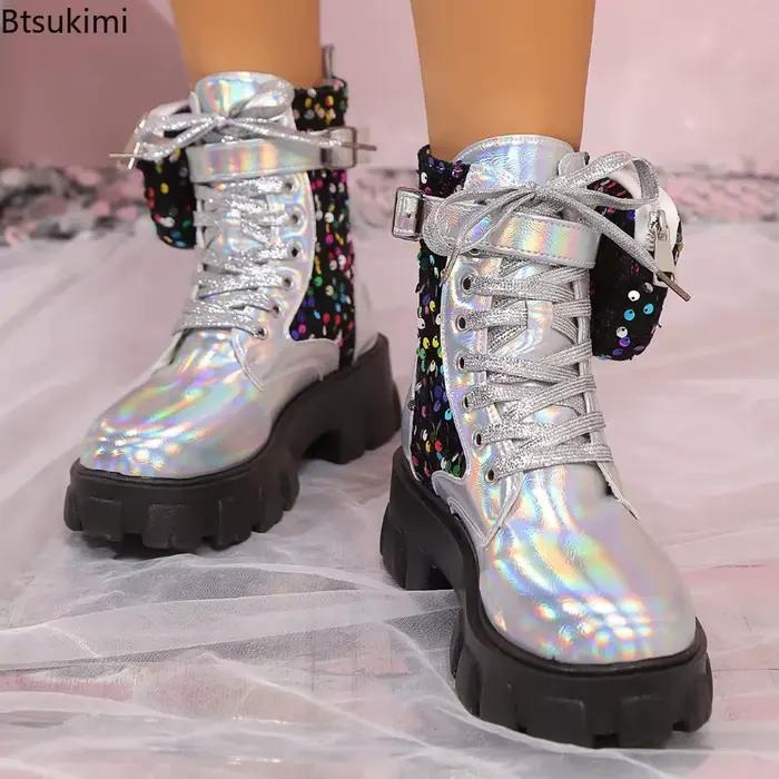 Bottes de combat punk pour femmes avec paillettes, talons carrés, et lacets pour les occasions spéciales automne-hiver