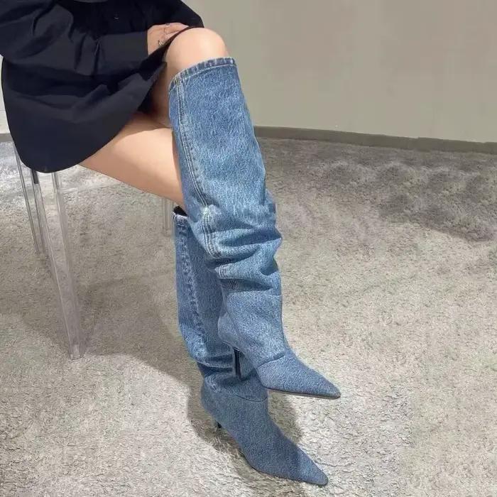 Bottes de cowboy en toile empilées bout pointu talons fins pour femmes printemps automne occassions spéciales