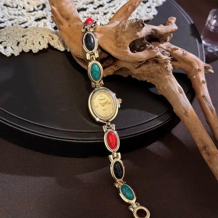 Montre-Bracelet Turquoise colorée pour femmes, nouvelle montre à Quartz de luxe populaire, Vintage, pierre intégrée, élégance