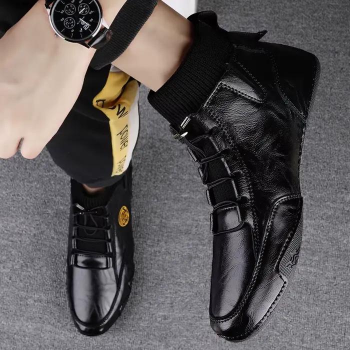 Bottes en cuir véritable pour hommes, bout rond, plissé, bandes élastiques résistantes, confortables et durables pour toutes les occasions spéciales et quotidiennes