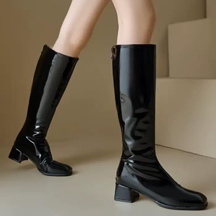 Rose femmes genou bottes hautes élégant automne hiver chaussures noir blanc rouge talons bas botte longue fermeture