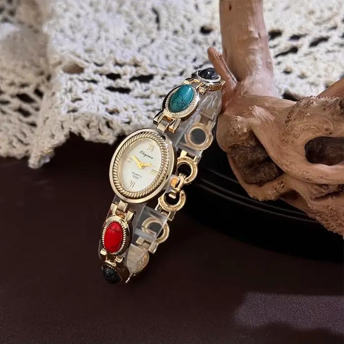Montre-Bracelet Turquoise colorée pour femmes, nouvelle montre à Quartz de luxe populaire, Vintage, pierre intégrée, élégance