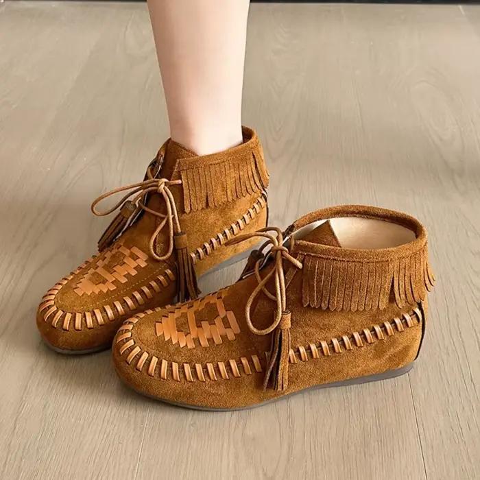 Bottines rétro en daim à lacets et pampilles pour femme, bottes courtes marron à bout rond, plates, antidérapantes, confortables, décontractées, tissées en Nubuck