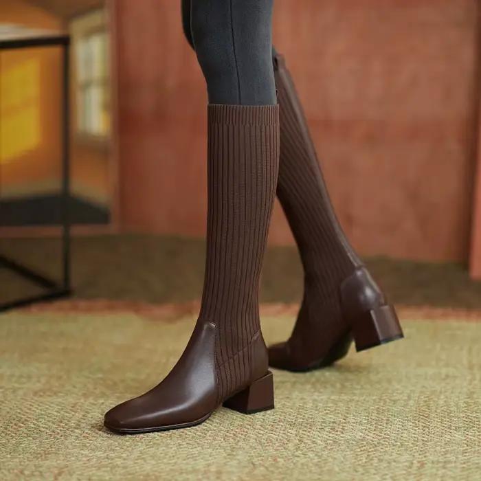 Bottes longues en tricot pour femmes, style rétro haute qualité, sans lacets, confortable et élégant pour les occasions spéciales