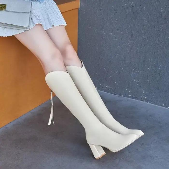 Cuir fourrure genou cuissardes chaussures pour femmes talon bout pointu noir talons hauts automne bottes longues femme hiver 2025 compensées chaud