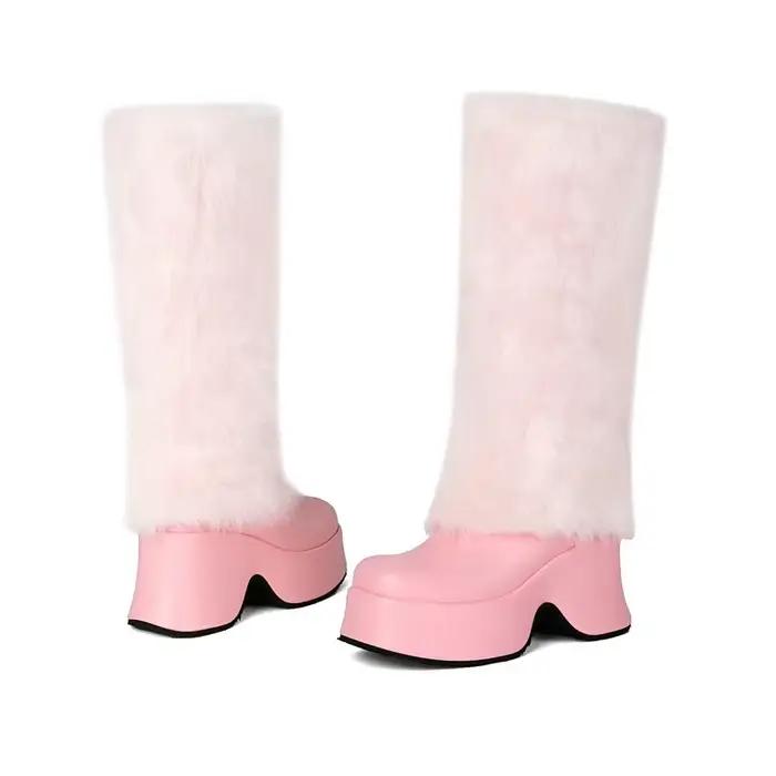 Rose blanc fausse fourrure chaude genou-haute bottes de neige compensées talons hauts fourrure concepteur élégant Botas femmes hiver chaud plate-forme bottes
