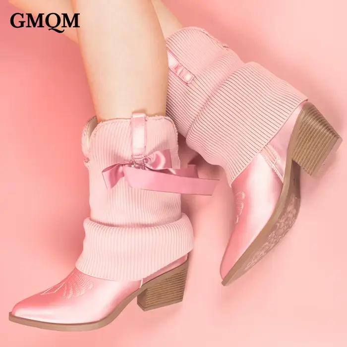 GMQM 2025 nouvelles bottines occidentales arcs pour femmes plier sur Cowgirl chaussons en Satin bout pointu