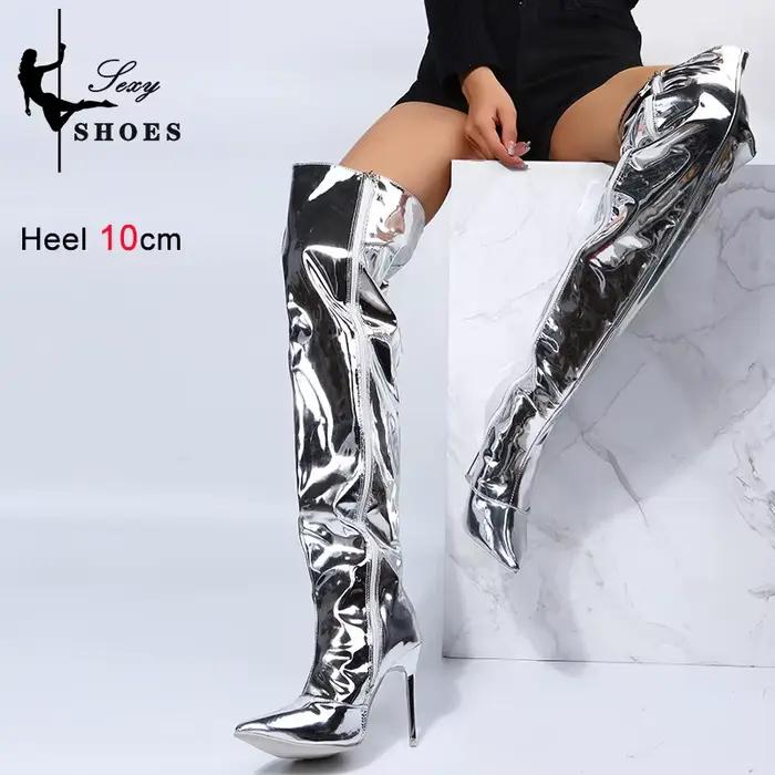 Talons bottes longues femmes automne hiver sur le genou exy argent miroir cuissardes T Show bout pointu décontracté Club chaussures de fête