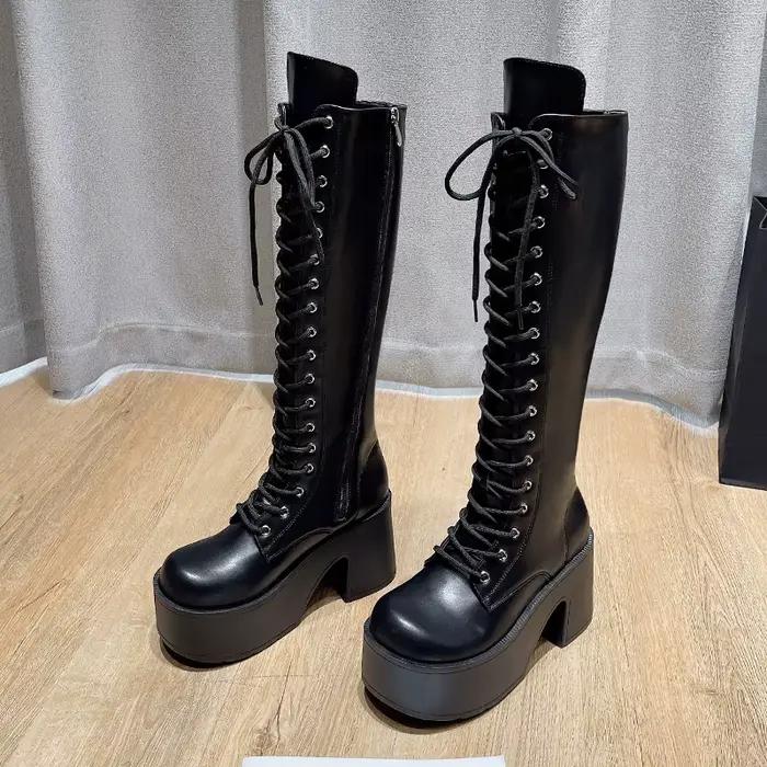 Bottes hautes à plateforme, bout rond, plateforme à lacets, bottes antidérapantes à talons bloc pour femmes