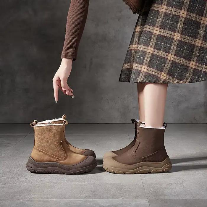 Careaymade-bottes en cuir véritable à bout plus large pour femme, chaussures de neige d'hiver à plateforme en fourrure, bottines à enfiler, chaussures chaudes en peluche pour femme