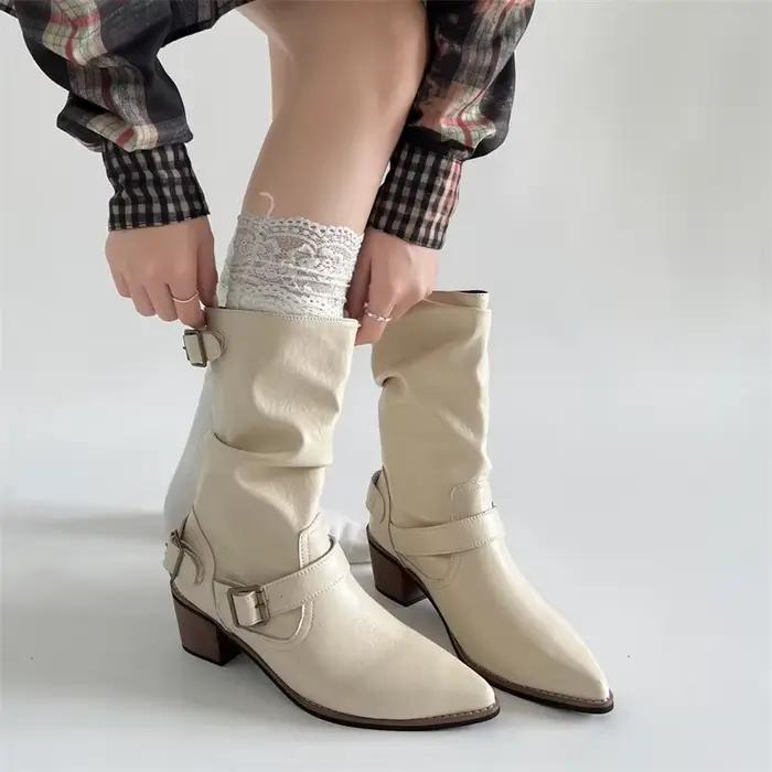 Bottes Western Vintage sans Lacets pour Femmes Talons Epais Mi-Mollets Occasions Spéciales