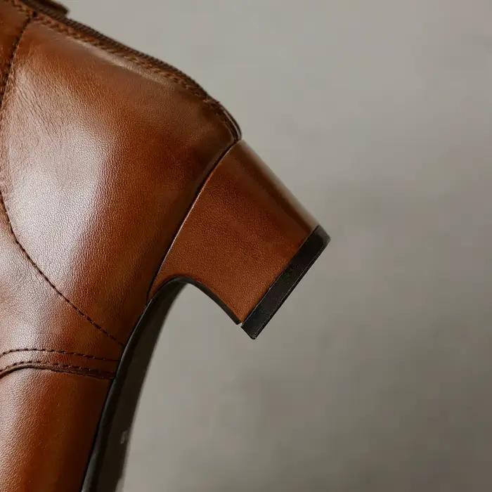 2025New femmes en cuir de vache bout carré à lacets dos zip automne bottines de haute qualité doux confort 4 cm chaton talon bottes courtes