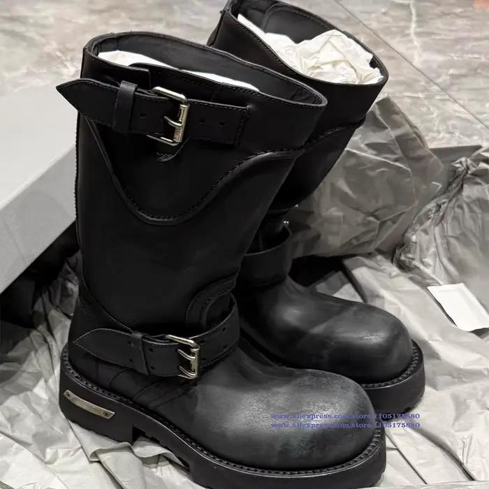 Bottes de moto en cuir noir pour hommes