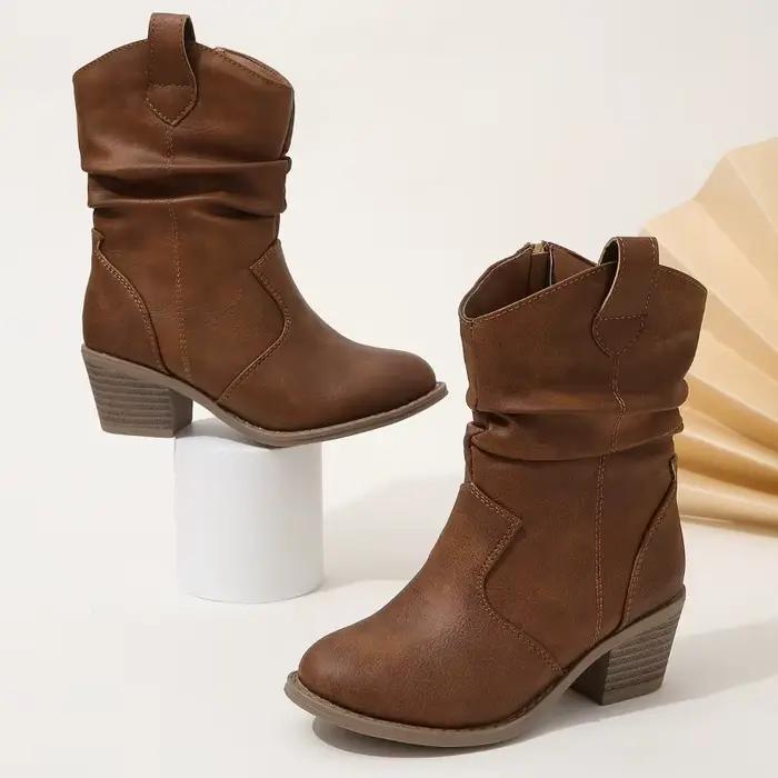 Bottes en cuir plissées avec fermeture éclair latérale pour enfants, bottes mi-mollet, talons bas, marron, élégant, simple, mode chic, enfants, adolescents, filles