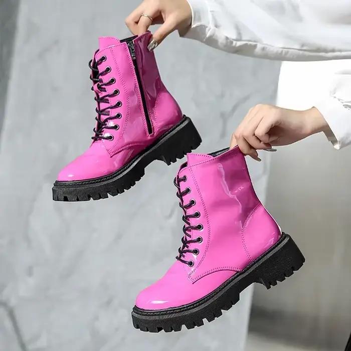 Bottines roses à lacets pour femme, bottines de moto à plateforme en cuir verni, talons épais, fermeture éclair, courtes occasions spéciales