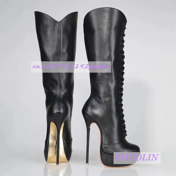 Bottes en cuir verni noir mat à talons fins et plateforme pour femmes, style de rue, printemps/automne, haute qualité, confortable, résistance à l'eau, idéal pour danser et sorties