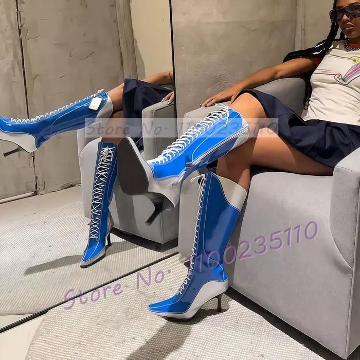 Bottes hautes en cuir verni bleu pour femmes bout pointu talons croisés élégantes pour printemps automne occassions spéciales