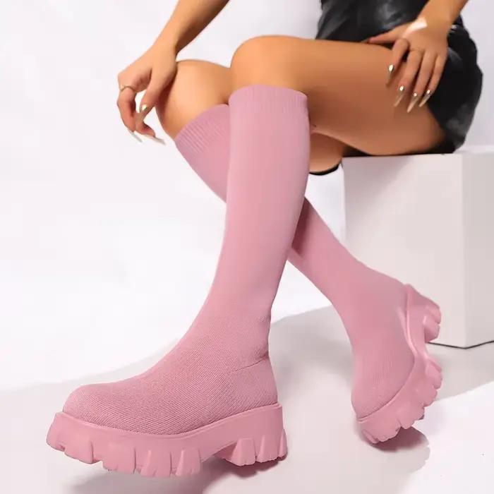 Rose grosse plate-forme bottes longues femmes tendance fond épais élastique genou
