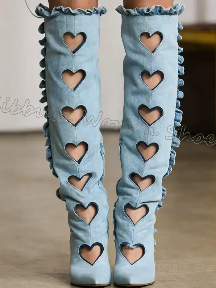 Nouvelles Bottes Sandales Plissées Montantes en Cuir Uni à Talons Carrés et Bout Pointu avec Dentelle Cœur pour Femme – Mode, Luxe, Élégance