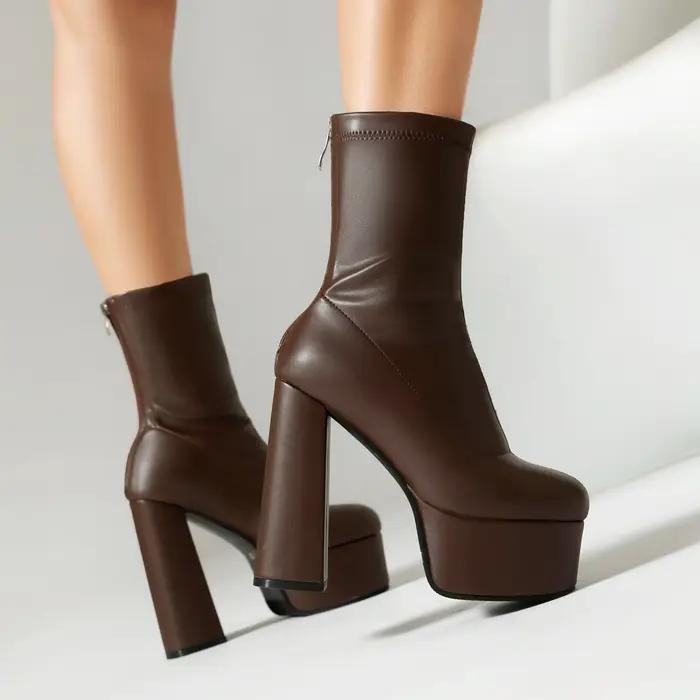 Bottines à plateforme avec fermeture éclair au dos pour femme, or brillant, argent métallique, talons hauts et épais, robe blanche, bottes courtes extensibles pour l'hiver