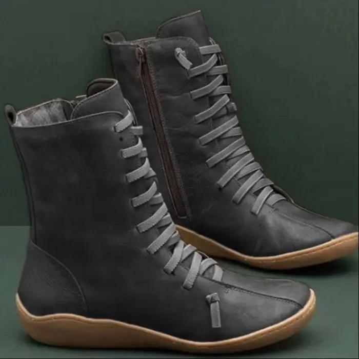 Bottes plates en cuir souple pour femmes, mode rétro, fourrure assortie, bottes de rinçage à lacets, hiver, nouveau