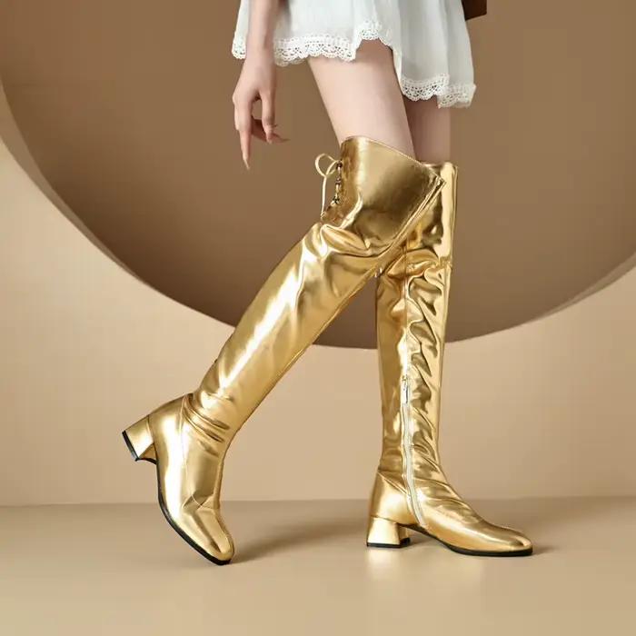 Chaussures or argent bottes au dessus du genou pour femmes bloc talon moyen fermeture éclair latérale confortable robe de soirée décontractée cuissardes longues bottes