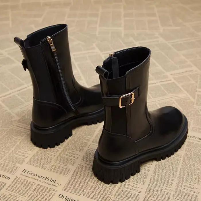 StephanParker-Bottes mi-hautes rondes pour femmes, Chaussures mi-mollet, Talon moyen, Chaussures marron, Gothique, Demi-saison, Printemps, Automne, Vente