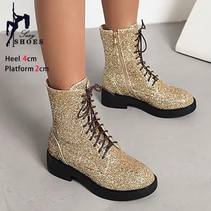 Nouvelles bottines décontractées 2024 à fermeture éclair latérale, chaussures de danse à paillettes brillantes pour femmes, talon bas de 4 cm, bout rond, bottes printemps-automne, grandes tailles 43