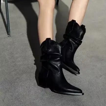 Bottes de cowboy à talons épais en cuir PU pour femmes, bottines western plissées mi-mollet, tube adt, automne, hiver, nouveau