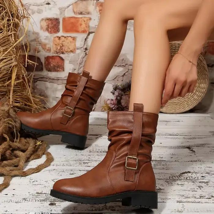 Bottes de moto de Style rétro pour femmes, grand mollet, mode hiver automne, bottes courtes ajustées décontractées, bout rond, talon moyen