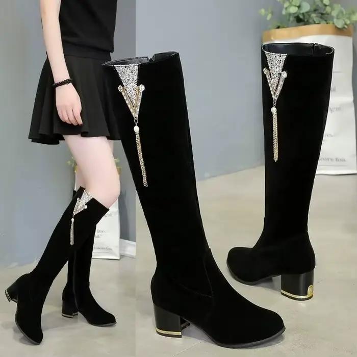 Bottes de chevalier rétro à talons hauts avec fermeture éclair pour femmes, bottes longues au genou, chaussures à la mode avec biscuits optiques, 2023