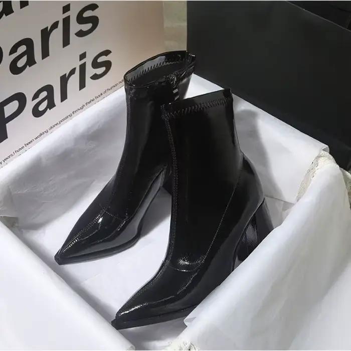 Bottines d'hiver en cuir verni pour femmes, bottines courtes à bout pointu, talons hauts carrés, chaussures de soirée 2026