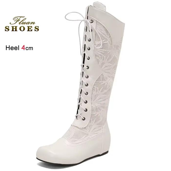 2025 bottes de chevalier blanches pour femmes talons surélevés intérieure 4 cm bout rond femme mi-mollet bottes avant à lacets dames chaussures taille 46