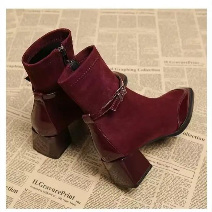 Bottines fines rétro en daim à bout carré pour femmes, bottines épissées 2025
