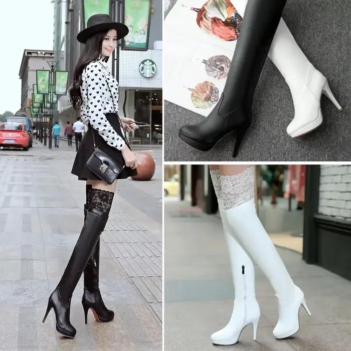 BLXQPYT Botas Mujer automne hiver genou bottes hautes femmes Sexy dentelle concepteur talons hauts cuissardes plate-forme chaussures 703-5
