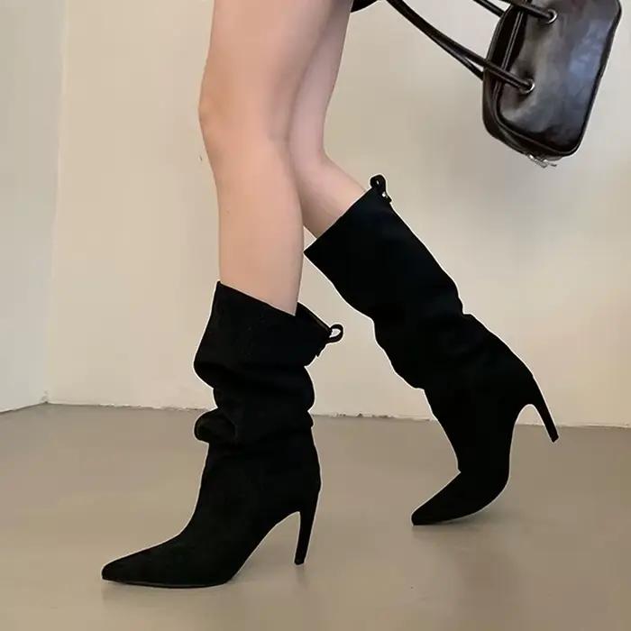 Liyke automne hiver mode mince genou bottes hautes femmes Sexy bout pointu bas talon mince chaussures femme chaussons longs Zapatos De Mujer