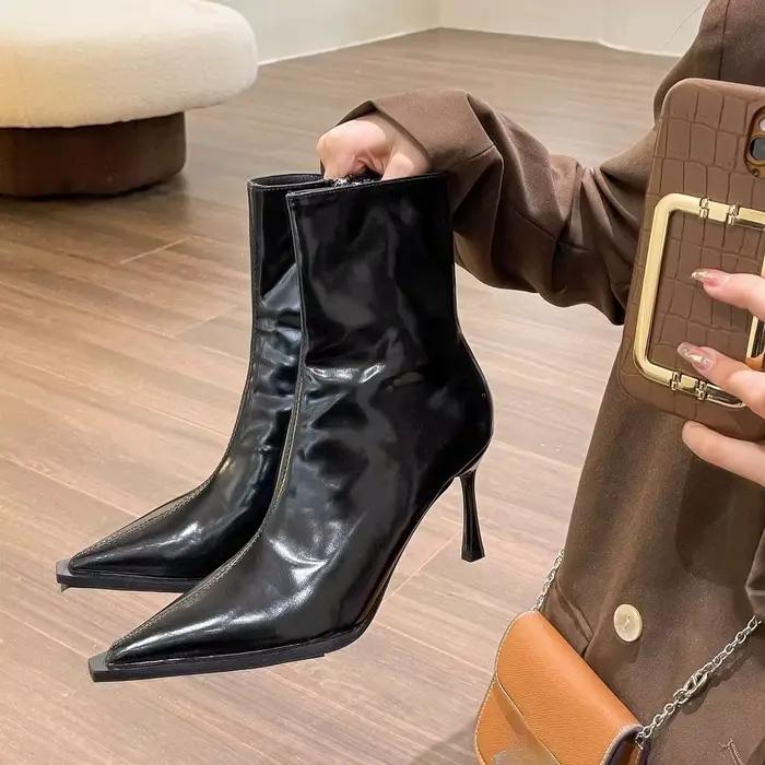 Bottines vintage d'automne, nouvelle mode, talons hauts, bottes fines en cuir verni à bout pointu sexy pour femmes, bottines courtes marron pour femmes.