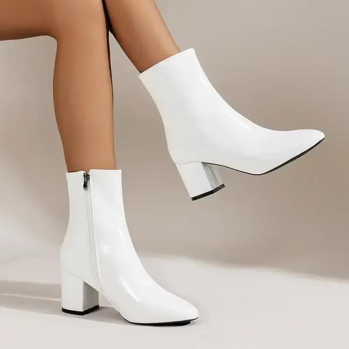 Bottines blanches pour femmes, chaussures pointues à la mode, avec fermeture éclair latérale, talon moyen extensible, grande taille, nouvelle collection 2024