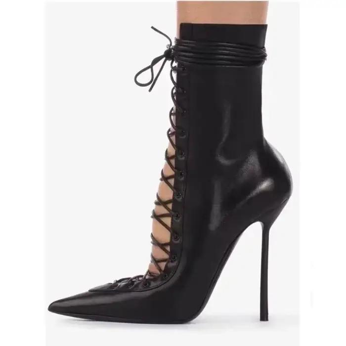 Nouvelles Bottes Courtes à Lacets Printemps Automne Talon Haut Bout Pointu Taille Parfaite Pour Femme Occasions Spéciales