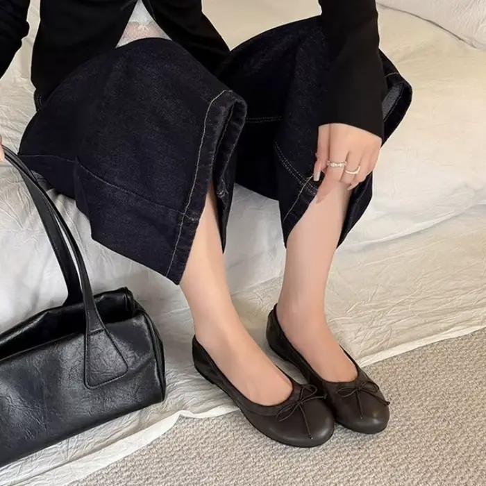 Chaussures de ballet élégantes rétro rouges à nœud papillon 2026 pour femmes, mocassins plats souples pour femmes, chaussures de ville polyvalentes, Zapatos Mujer