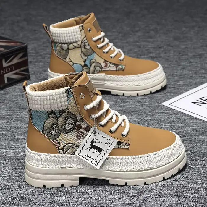 Bottes montantes, bottes de travail en paille à semelle épaisse, bottes décontractées tendance avec revers tricotés, bottes polyvalentes rehaussantes de style britannique pour les trajets en extérieur