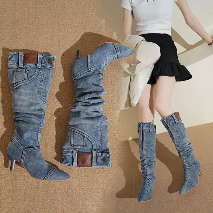 Bottes hautes bottes en jean vintage pour femmes avec talons fins bout pointu bottes longues chaussures pour femmes chaussures en jean pour femmes