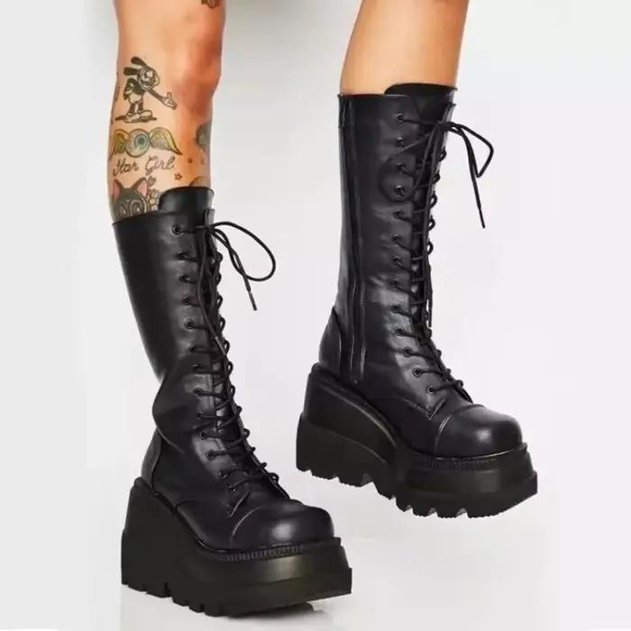 Bottes mi-tube à talons compensés pour femmes