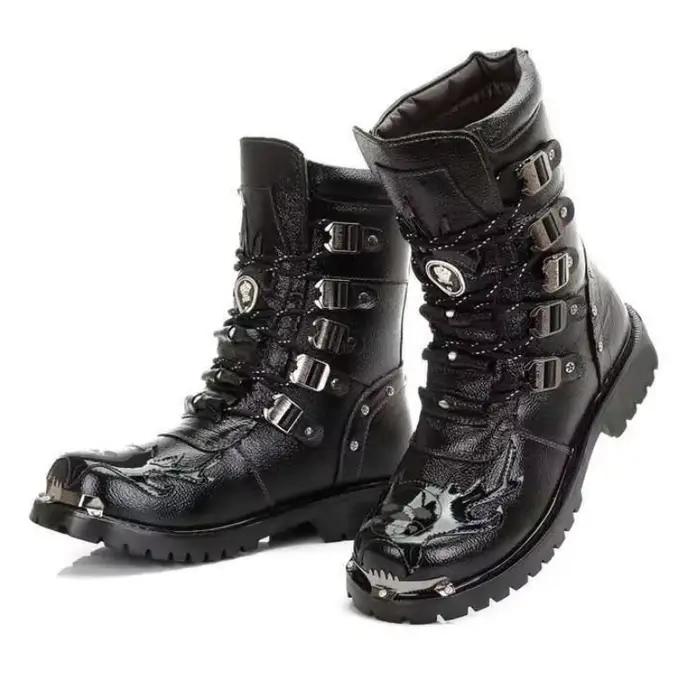 Hiver hommes bottes de moto 2025 nouvelle mode mi-mollet gothique ceinture Punk bottes hommes en cuir PU chaussures hautes hommes en peluche Botas