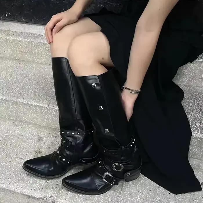 Chunky Knight Chaussures de moto en cuir pour femme, Plateforme haute, Talon bas, Noir, Punk, Gothique, Rock, Mode, Nouveau