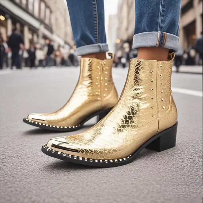 COOGERLOVE-Bottes en cuir de style punk pour hommes, bottes de rinçage de cow-boy militaire, bottes hautes en caoutchouc, chaussures en dentelle Parker pointues en métal