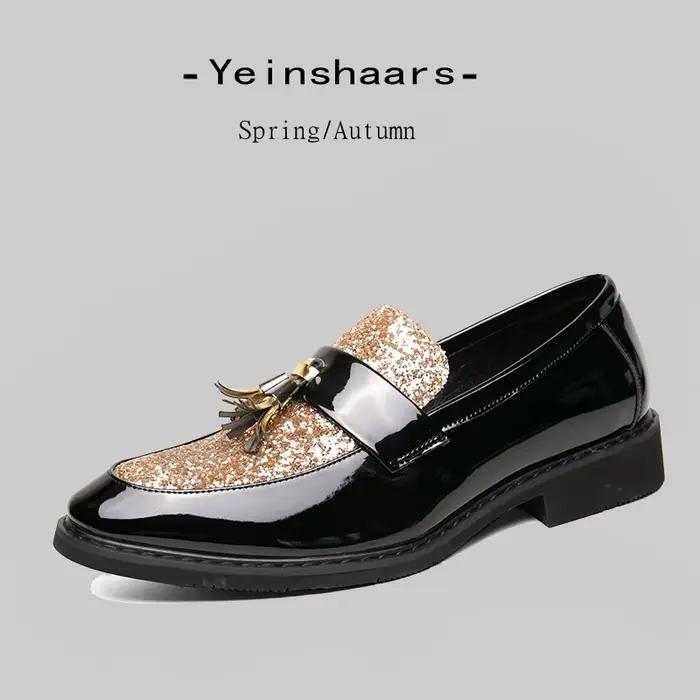 Mocassins de luxe à talon bas pour hommes, chaussures décontractées à enfiler en cuir doré, à pampilles, pour soirée, chaussures habillées pour hommes, chaussures à plateforme pour hommes